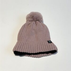 Women's Knit Pom-Pom Beanie Hat in Dusty Pink with Faux Fur Trim